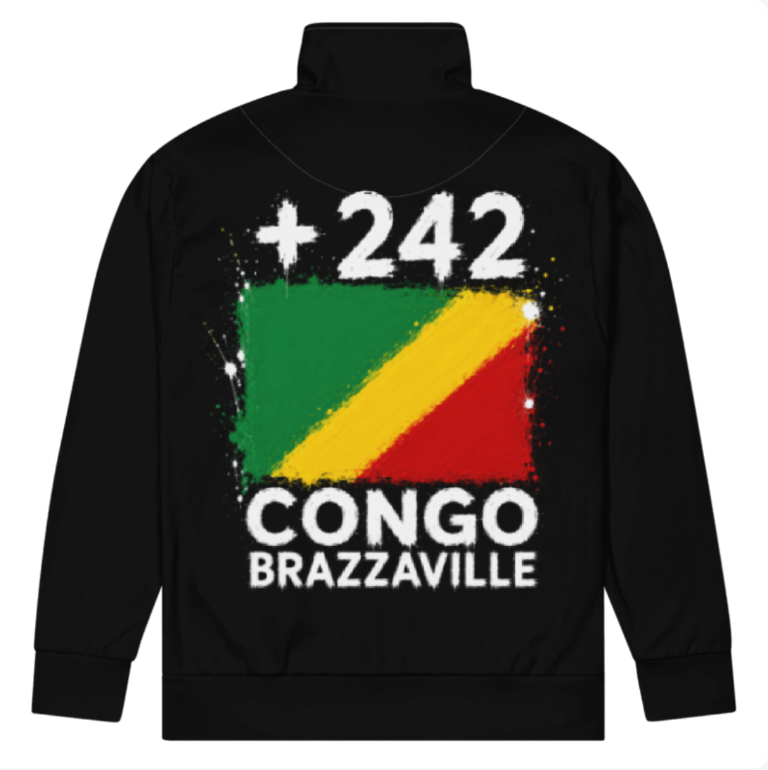 Survêtement Congo Brazzaville +242 - Noir avec drapeau floqué effet éclaboussure de peinture - vue de dos - Indicatif Fier
