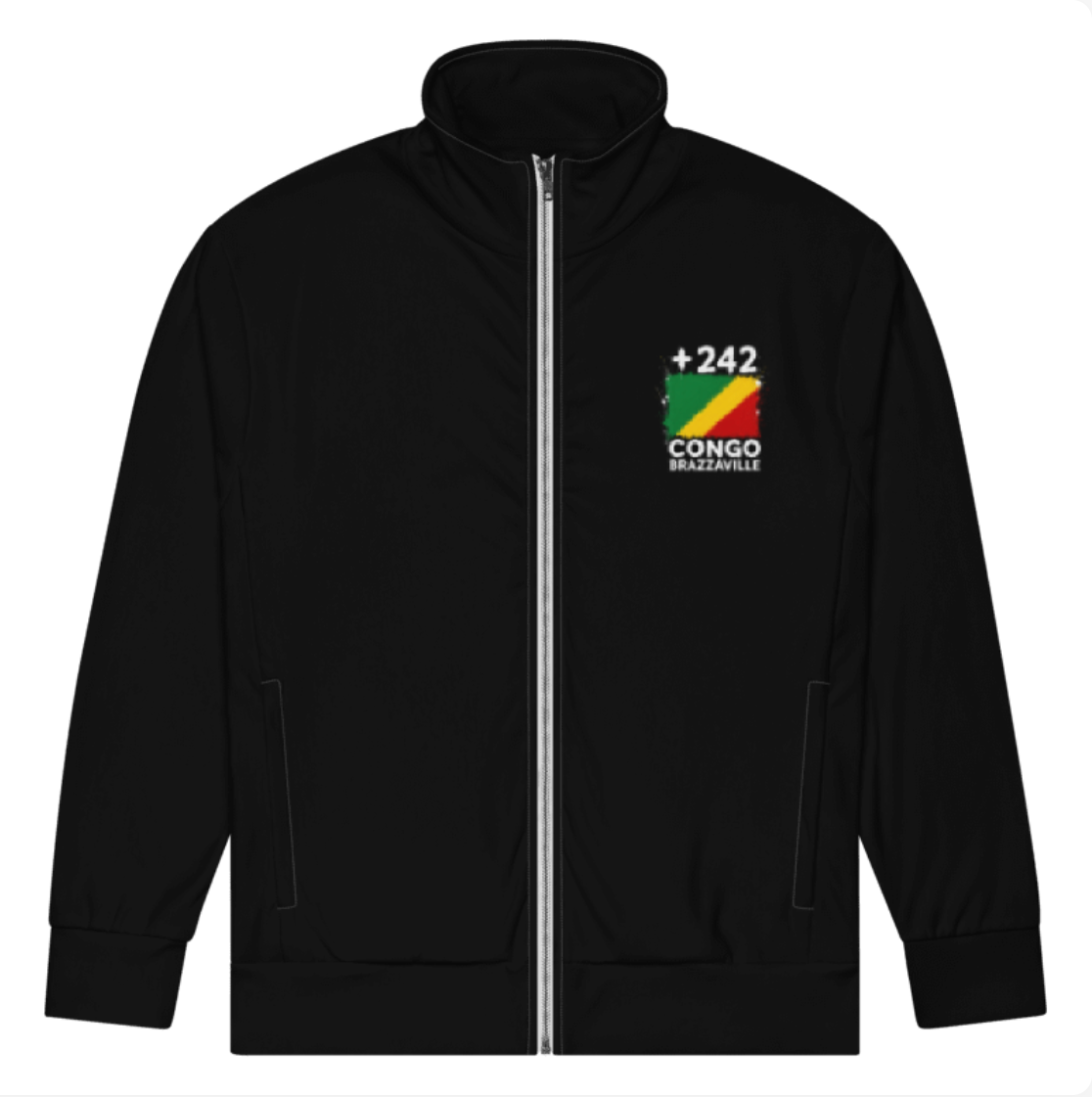 Survêtement Congo Brazzaville +242 - Noir avec drapeau floqué effet éclaboussure de peinture - vue de face - Indicatif Fier
