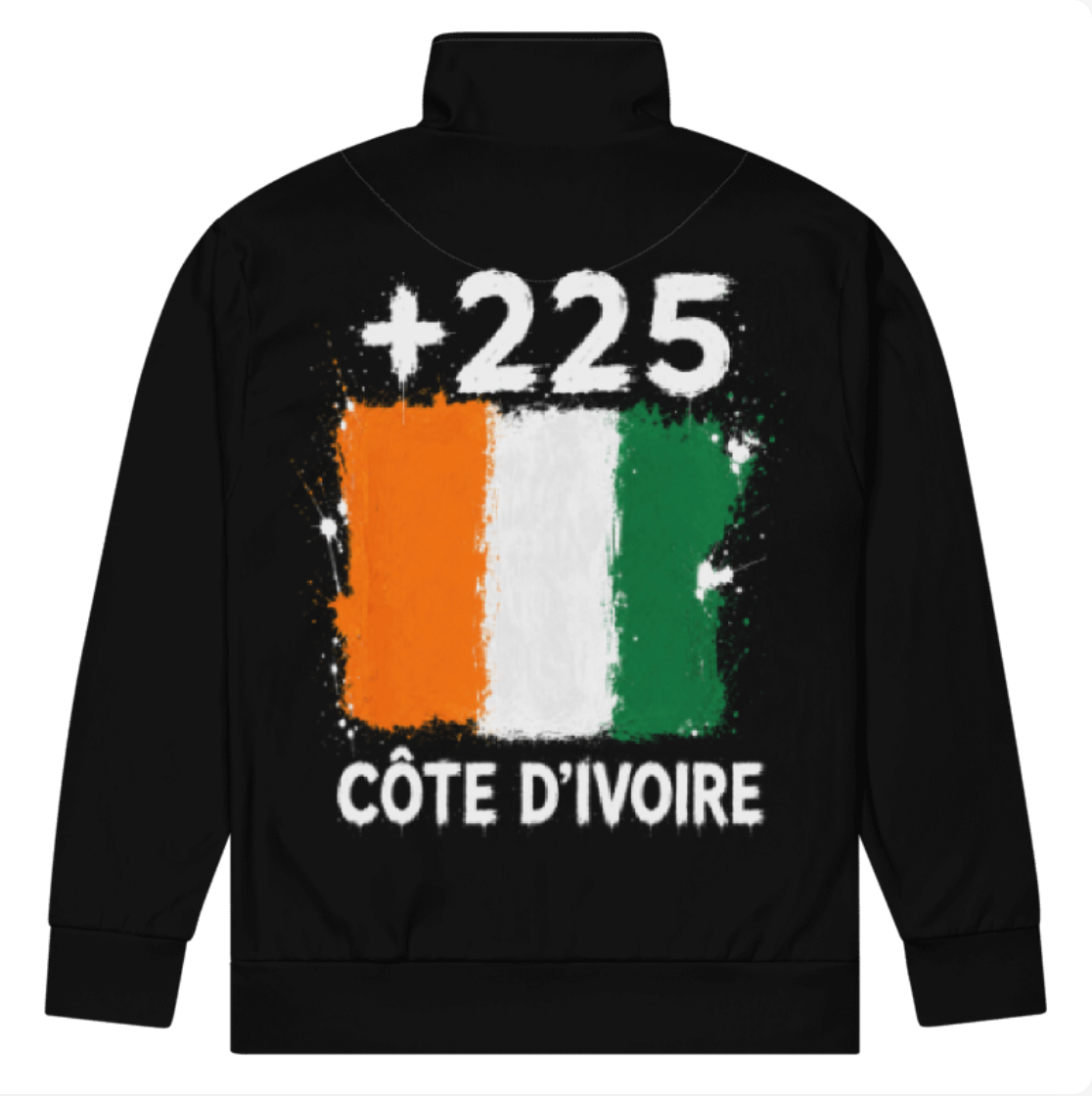 Survêtement Côte d'Ivoire +225 - Noir avec drapeau floqué effet éclaboussure de peinture - vue de dos - Indicatif Fier