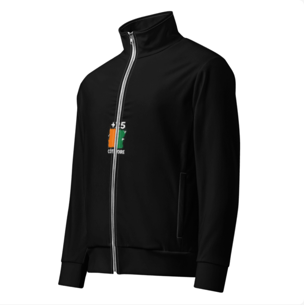 Survêtement Côte d'Ivoire +225 - Noir avec drapeau floqué effet éclaboussure de peinture - vue de face - Indicatif Fier