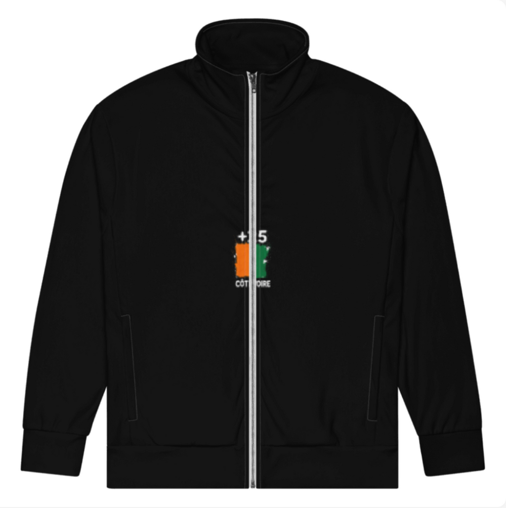 Survêtement Côte d'Ivoire +225 - Noir avec drapeau floqué effet éclaboussure de peinture - vue de face - Indicatif Fier