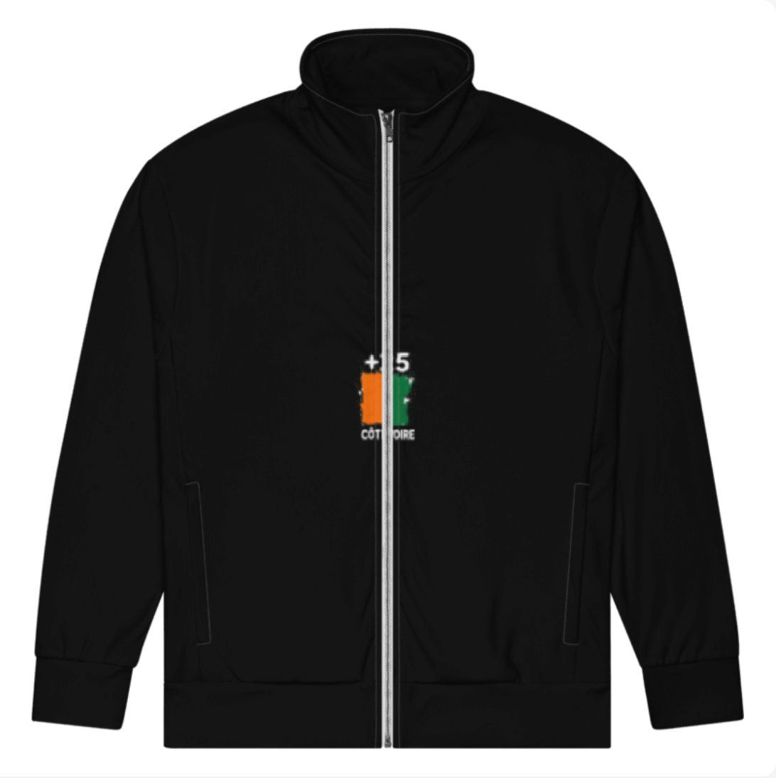 Survêtement Côte d'Ivoire +225 - Noir avec drapeau floqué effet éclaboussure de peinture - vue de face - Indicatif Fier