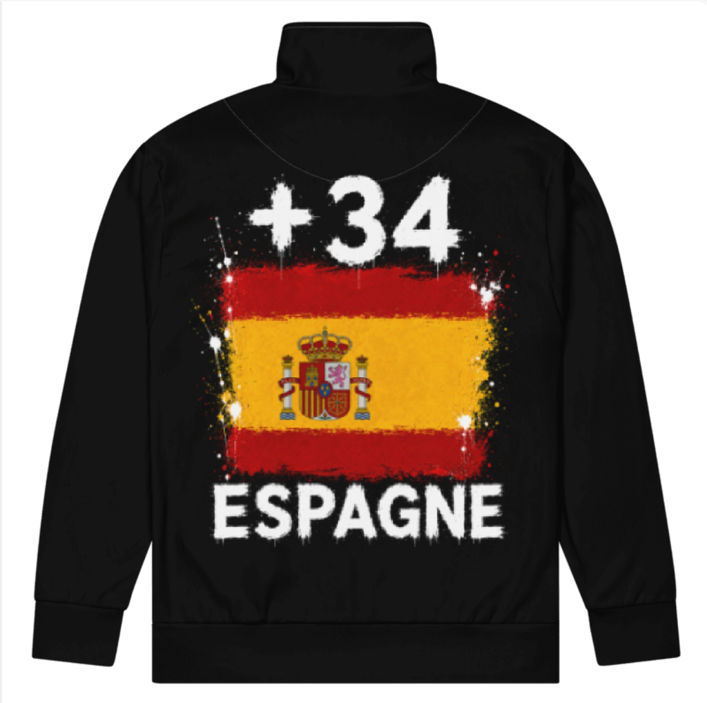 Survêtement Espagne +34 - Noir avec drapeau floqué effet éclaboussure de peinture - vue de dos - Indicatif Fier