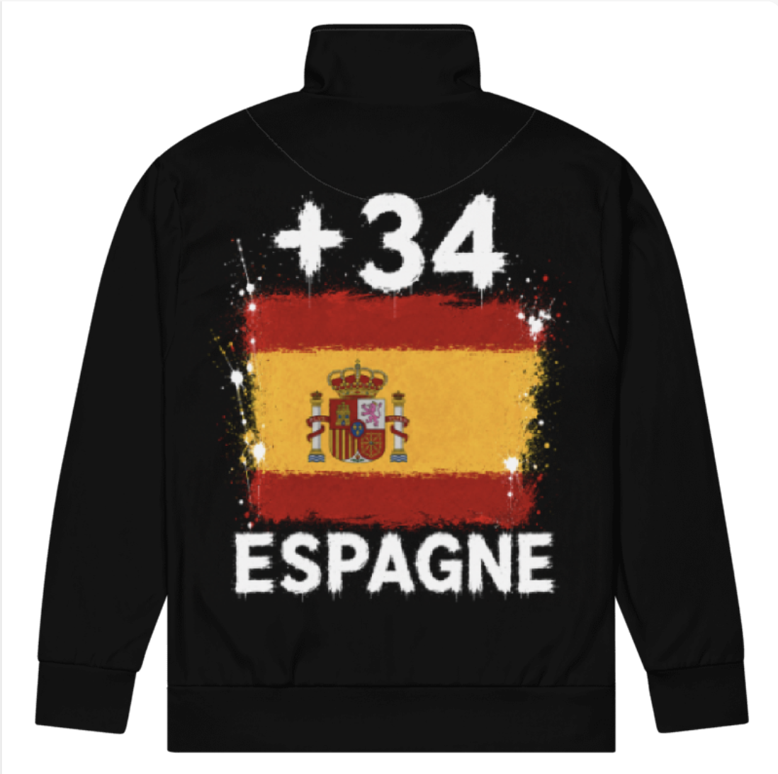 Survêtement Espagne +34 - Noir avec drapeau floqué effet éclaboussure de peinture - vue de dos - Indicatif Fier
