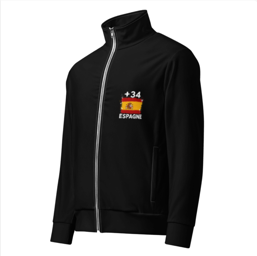 Survêtement Espagne +34 - Noir avec drapeau floqué effet éclaboussure de peinture - vue de face - Indicatif Fier