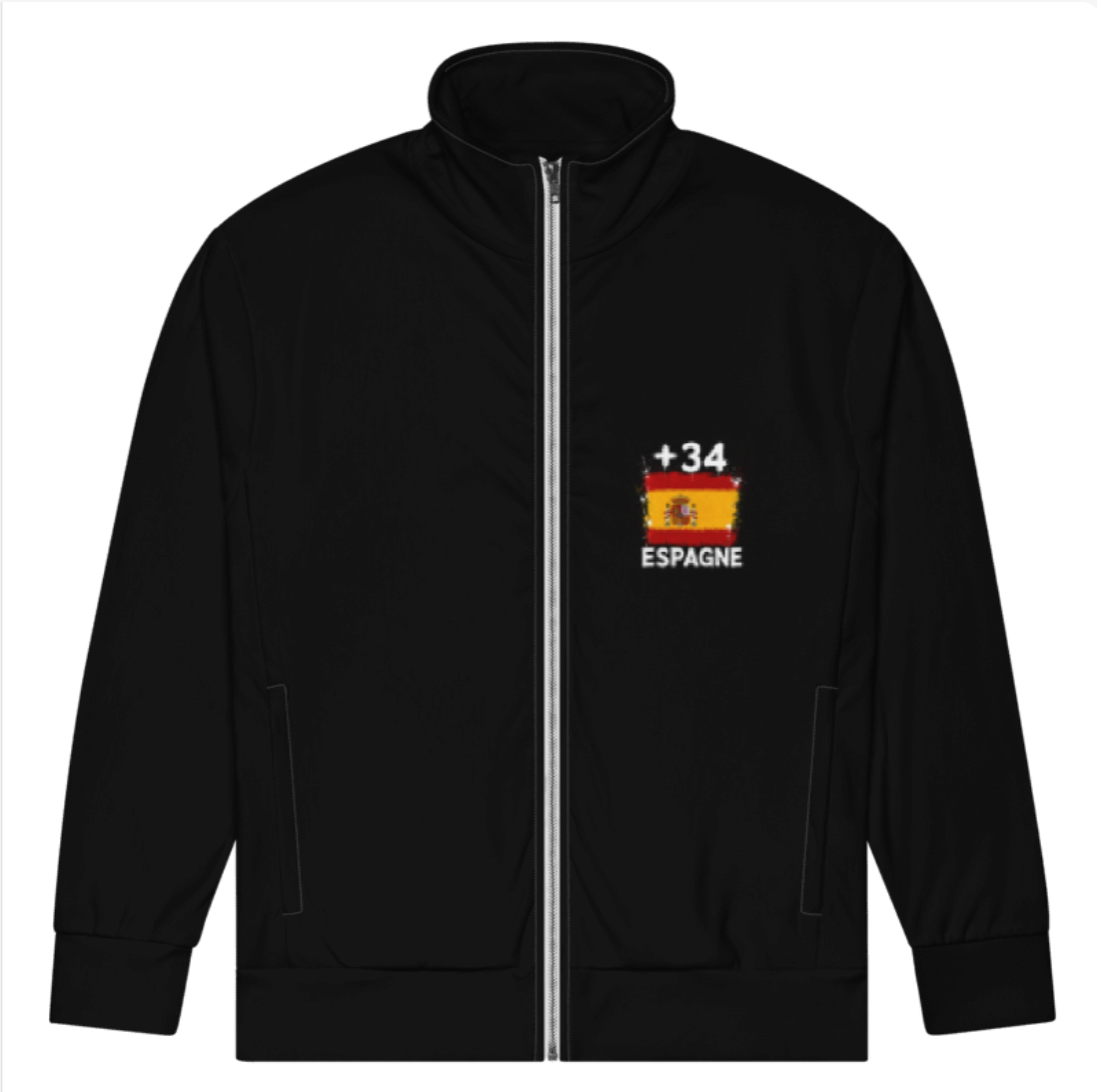 Survêtement Espagne +34 - Noir avec drapeau floqué effet éclaboussure de peinture - vue de face - Indicatif Fier