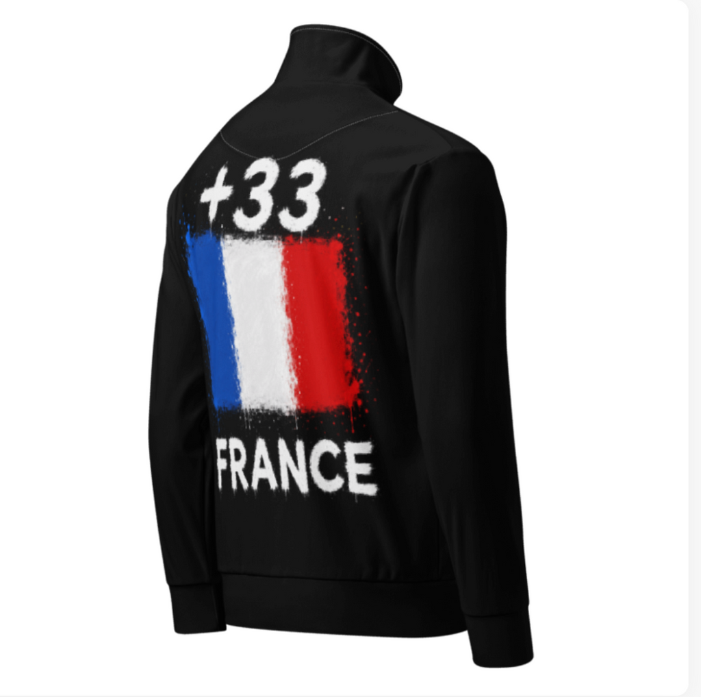 Survêtement France +33 - Noir avec drapeau floqué effet éclaboussure de peinture - vue de dos - Indicatif Fier