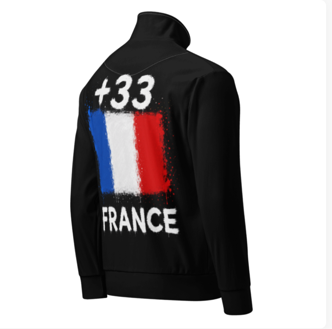 Survêtement France +33 - Noir avec drapeau floqué effet éclaboussure de peinture - vue de dos - Indicatif Fier
