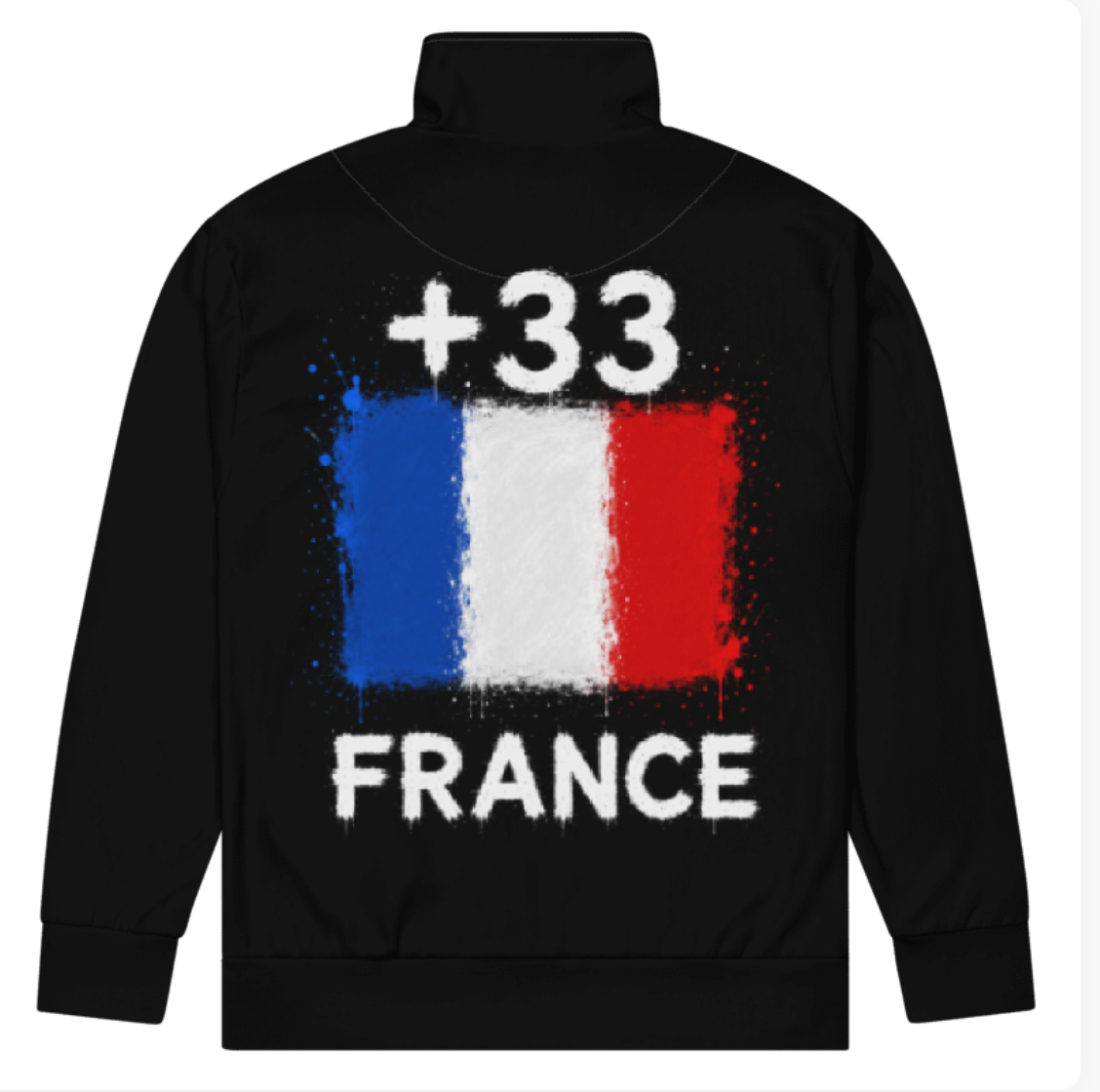 Survêtement France +33 - Noir avec drapeau floqué effet éclaboussure de peinture - vue de dos - Indicatif Fier