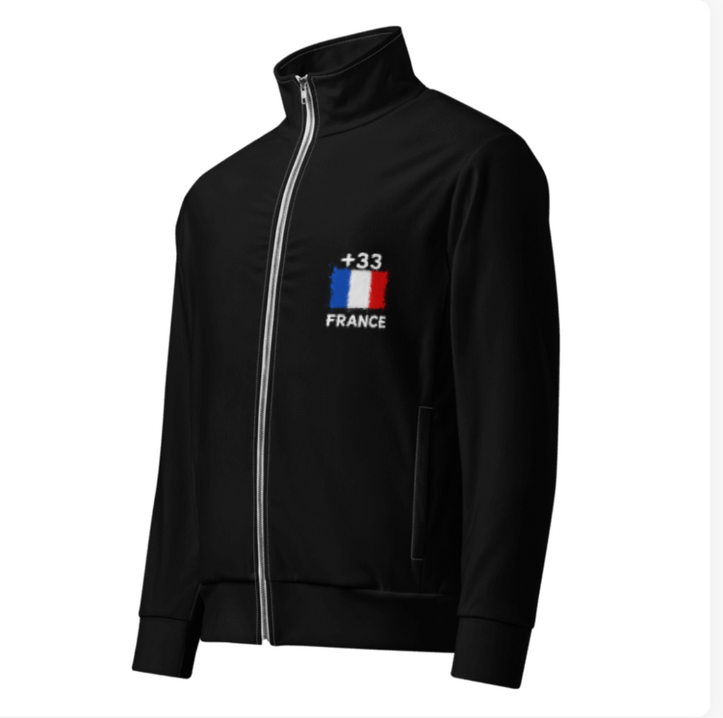 Survêtement France +33 - Noir avec drapeau floqué effet éclaboussure de peinture - vue de face - Indicatif Fier