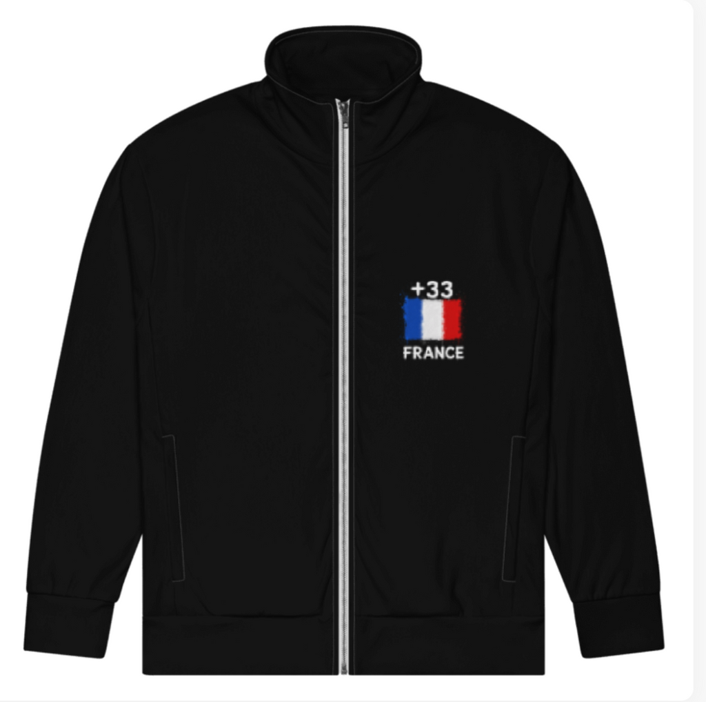 Survêtement France +33 - Noir avec drapeau floqué effet éclaboussure de peinture - vue de face - Indicatif Fier
