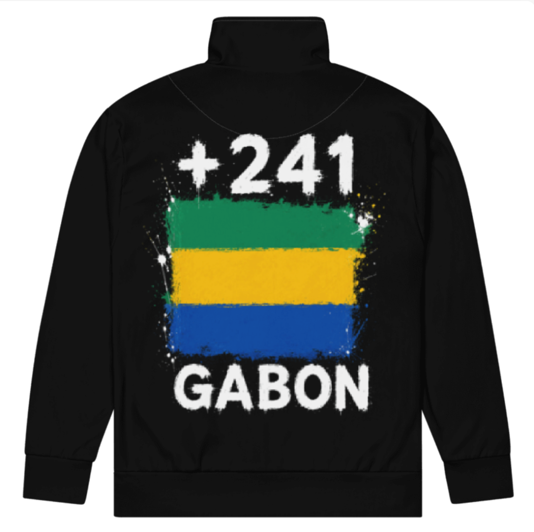 Survêtement Gabon +241 - Noir avec drapeau floqué effet éclaboussure de peinture - vue de dos - Indicatif Fier