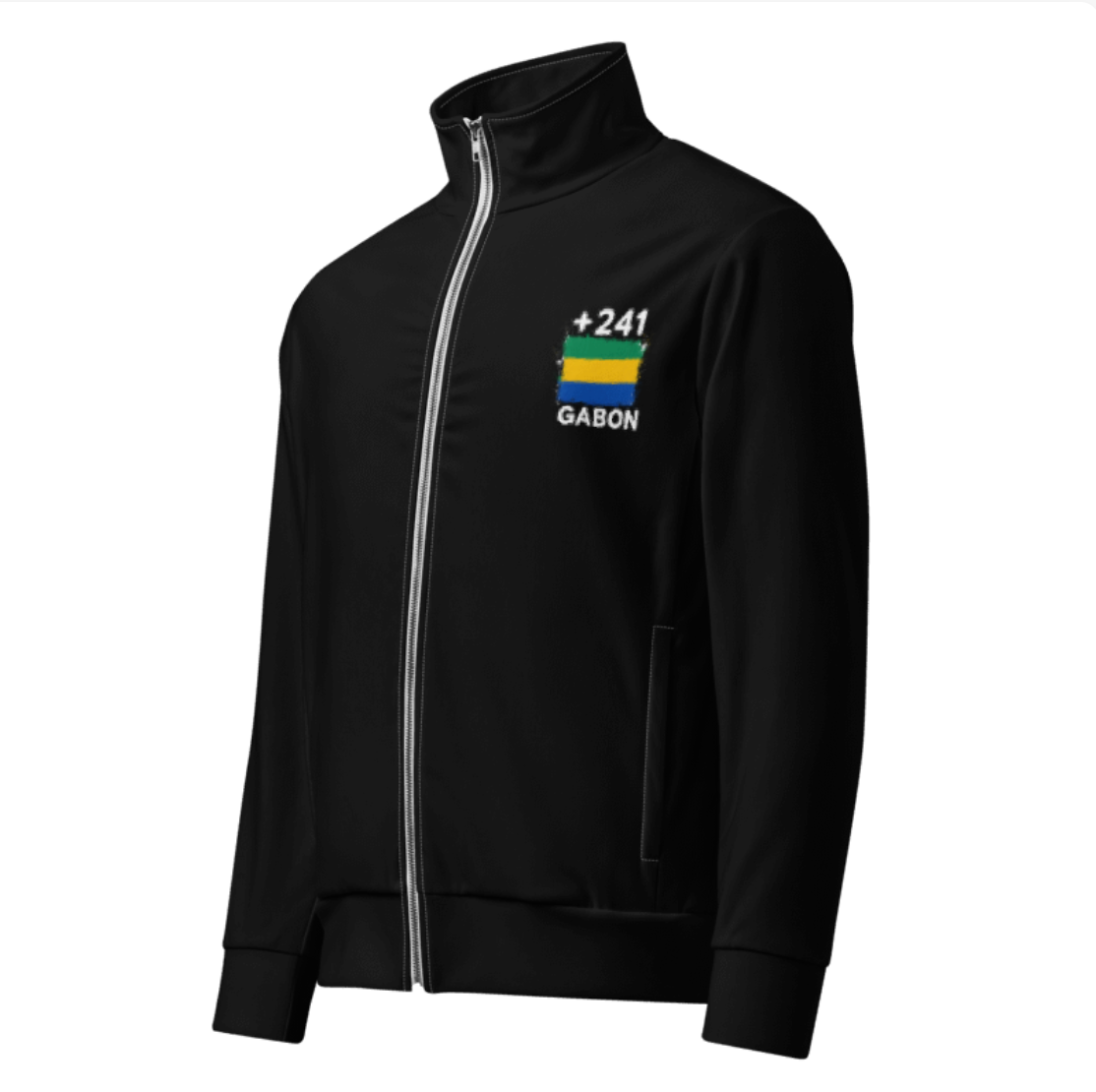 Survêtement Gabon +241 - Noir avec drapeau floqué effet éclaboussure de peinture - vue de face - Indicatif Fier