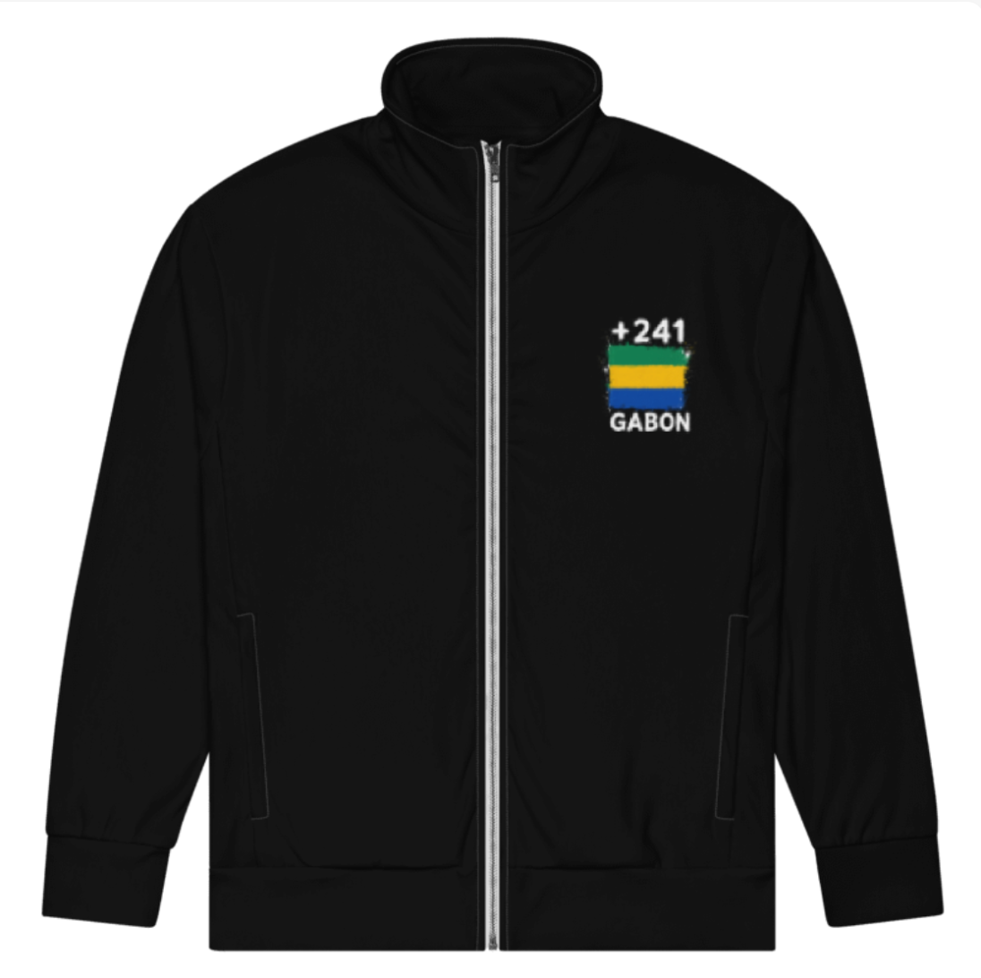 Survêtement Gabon +241 - Noir avec drapeau floqué effet éclaboussure de peinture - vue de face - Indicatif Fier