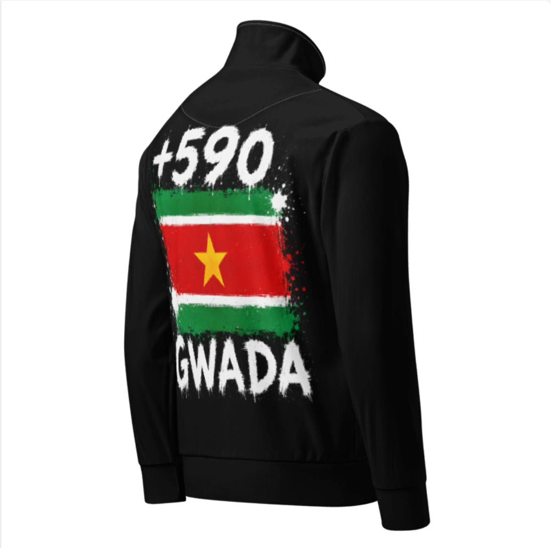 Survêtement Guadeloupe +590 - Noir avec drapeau floqué effet éclaboussure de peinture - vue de dos - Indicatif Fier