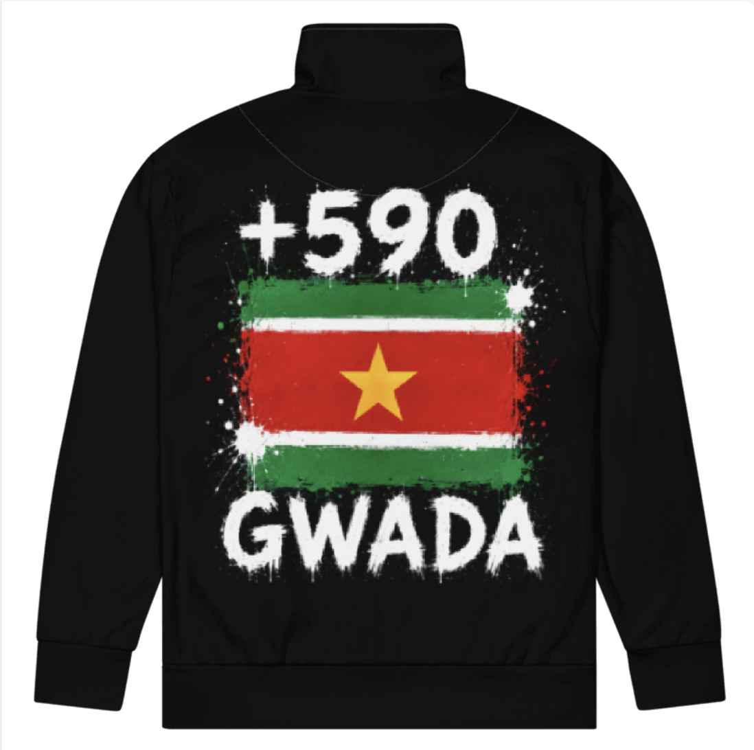 Survêtement Guadeloupe +590 - Noir avec drapeau floqué effet éclaboussure de peinture - vue de dos - Indicatif Fier