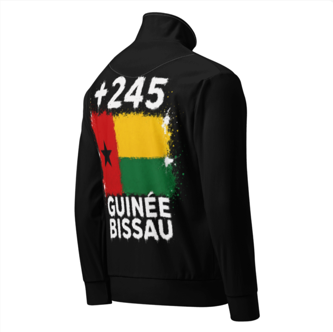 Survêtement Guinée-Bissau +245 - Noir avec drapeau floqué effet éclaboussure de peinture - vue de dos - Indicatif Fier