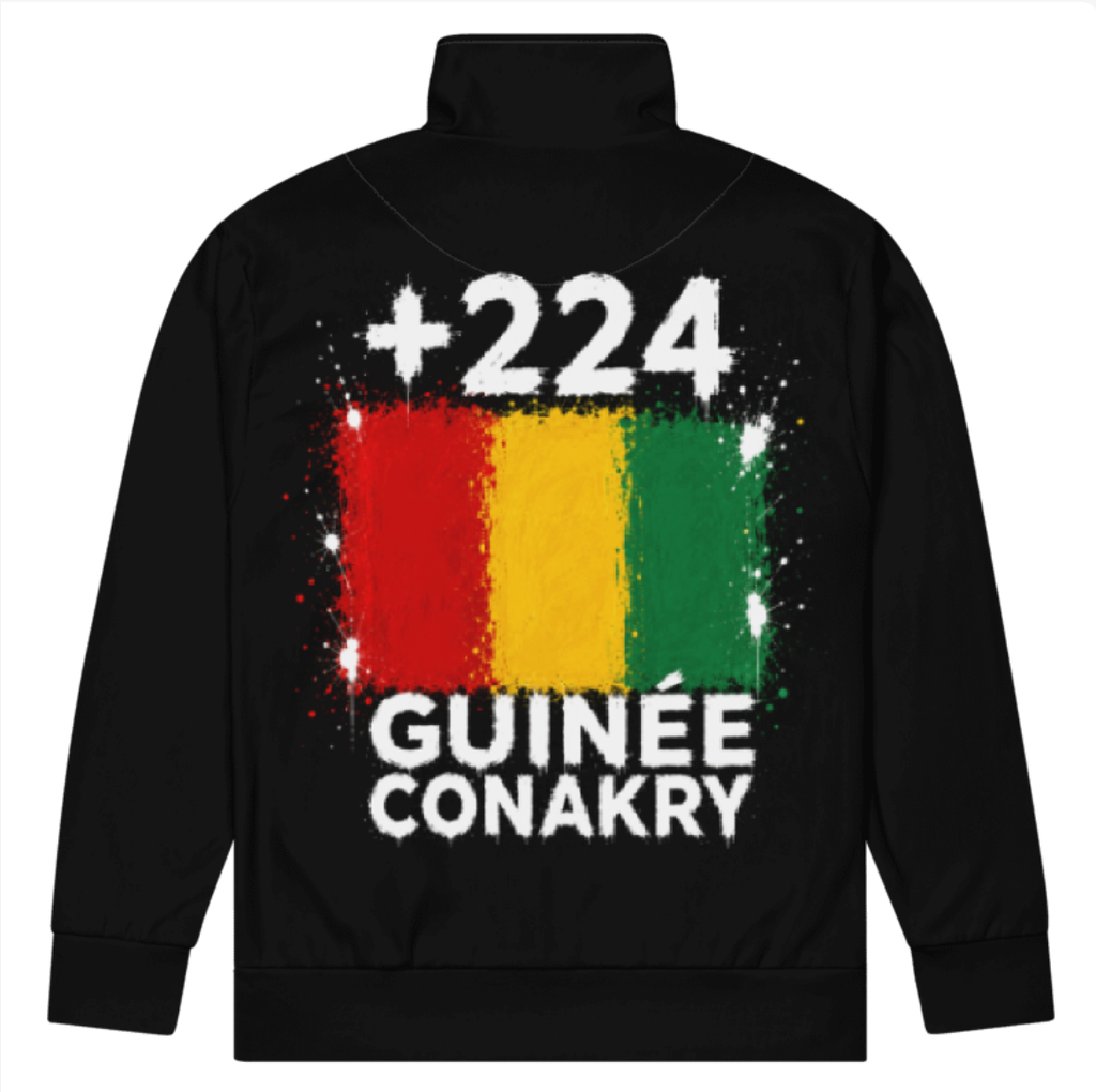 Survêtement Guinée Conakry +224 - Noir avec drapeau floqué effet éclaboussure de peinture - vue de dos - Indicatif Fier