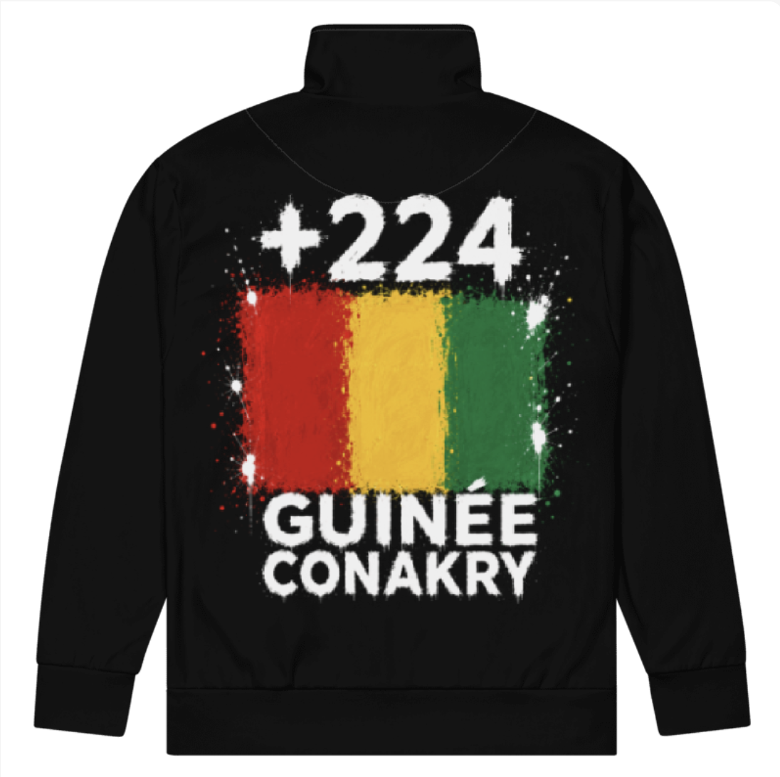 Survêtement Guinée Conakry +224 - Noir avec drapeau floqué effet éclaboussure de peinture - vue de dos - Indicatif Fier