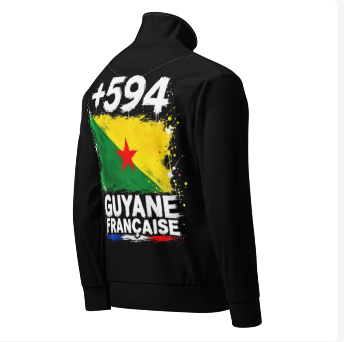 Survêtement noir Guyane +594 avec drapeau guyanais floqué effet éclaboussure de peinture - vue de dos, angle - Indicatif Fier