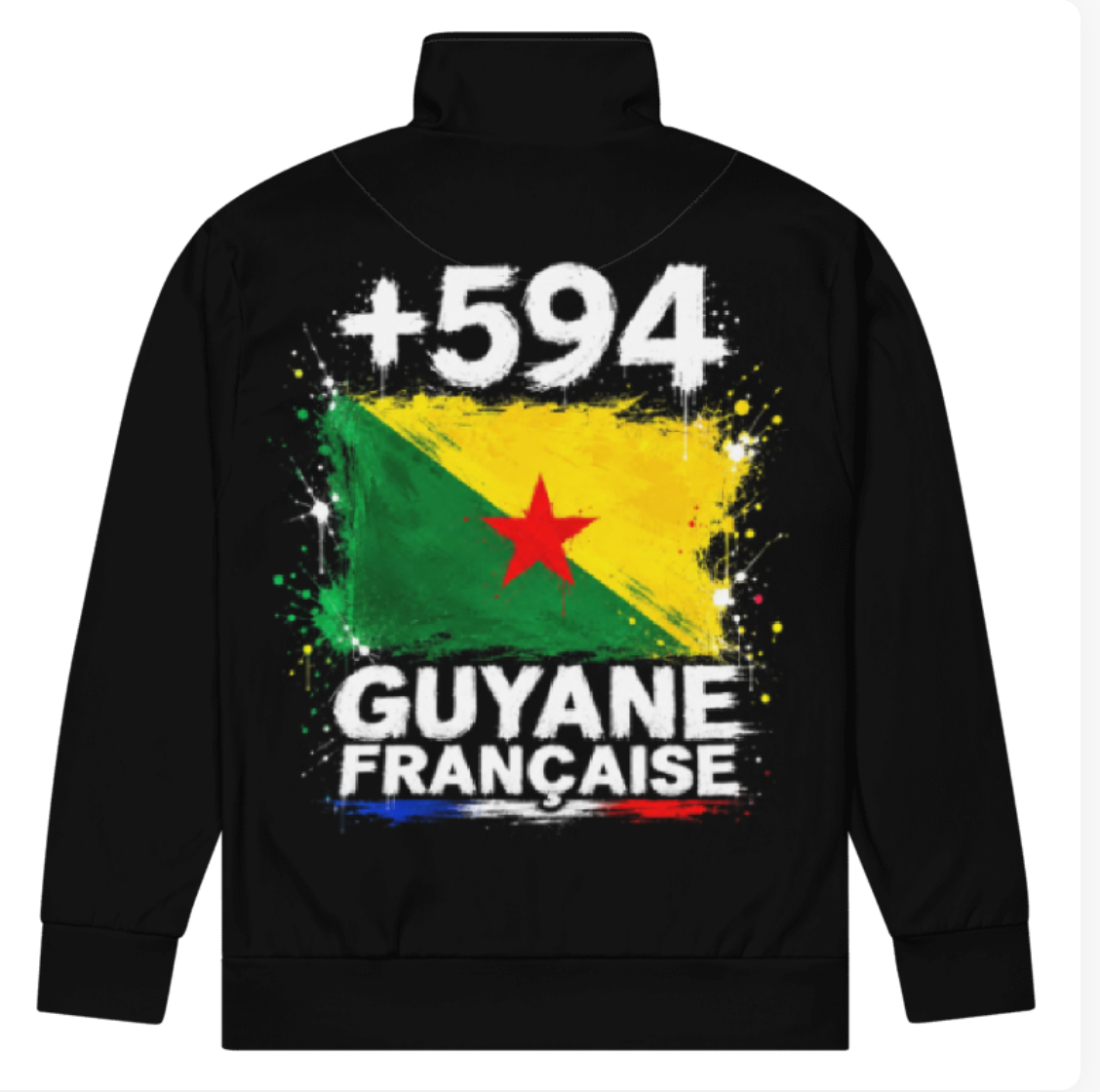 Survêtement noir Guyane +594 avec drapeau guyanais floqué effet éclaboussure de peinture - vue de dos - Indicatif Fier