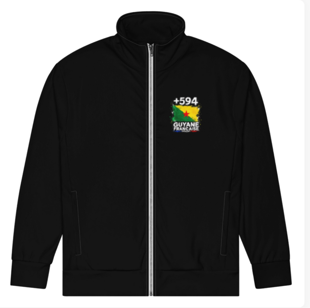 Survêtement noir Guyane +594 zippé avec petit drapeau guyanais floqué sur la poitrine - vue de face - Indicatif Fier