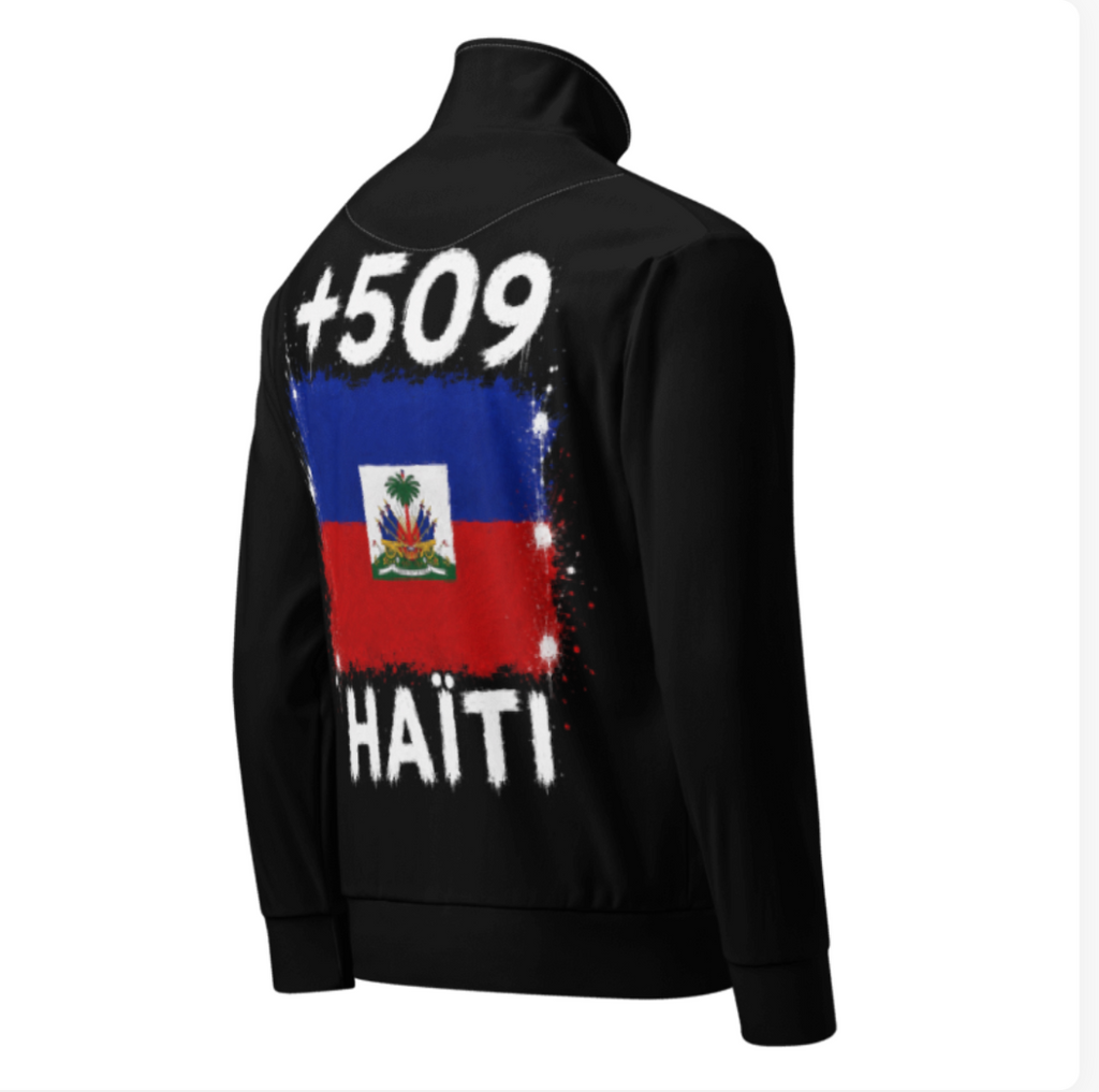 Survêtement Haïti +509 - Noir avec drapeau floqué effet éclaboussure de peinture - vue de dos - Indicatif Fier