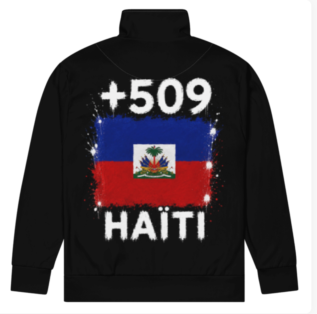 Survêtement Haïti +509 - Noir avec drapeau floqué effet éclaboussure de peinture - vue de dos - Indicatif Fier