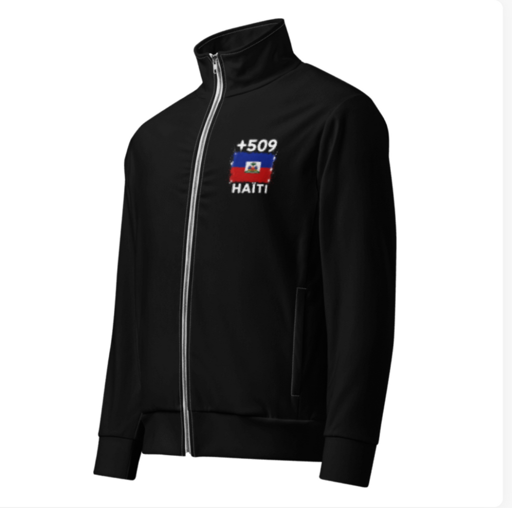 Survêtement Haïti +509 - Noir avec drapeau floqué effet éclaboussure de peinture - vue de face - Indicatif Fier