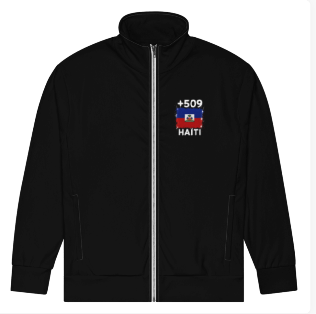 Survêtement Haïti +509 - Noir avec drapeau floqué effet éclaboussure de peinture - vue de face - Indicatif Fier