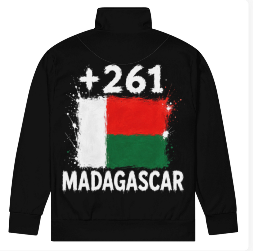 Survêtement Madagascar +261 - Noir avec drapeau floqué effet éclaboussure de peinture - vue de dos - Indicatif Fier