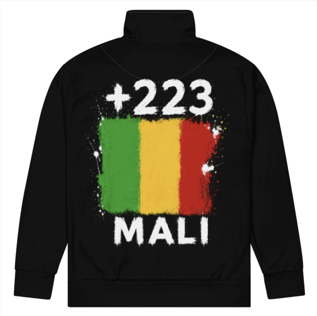 Survêtement Mali +223 - Noir avec drapeau floqué effet éclaboussure de peinture - vue de dos - Indicatif Fier
