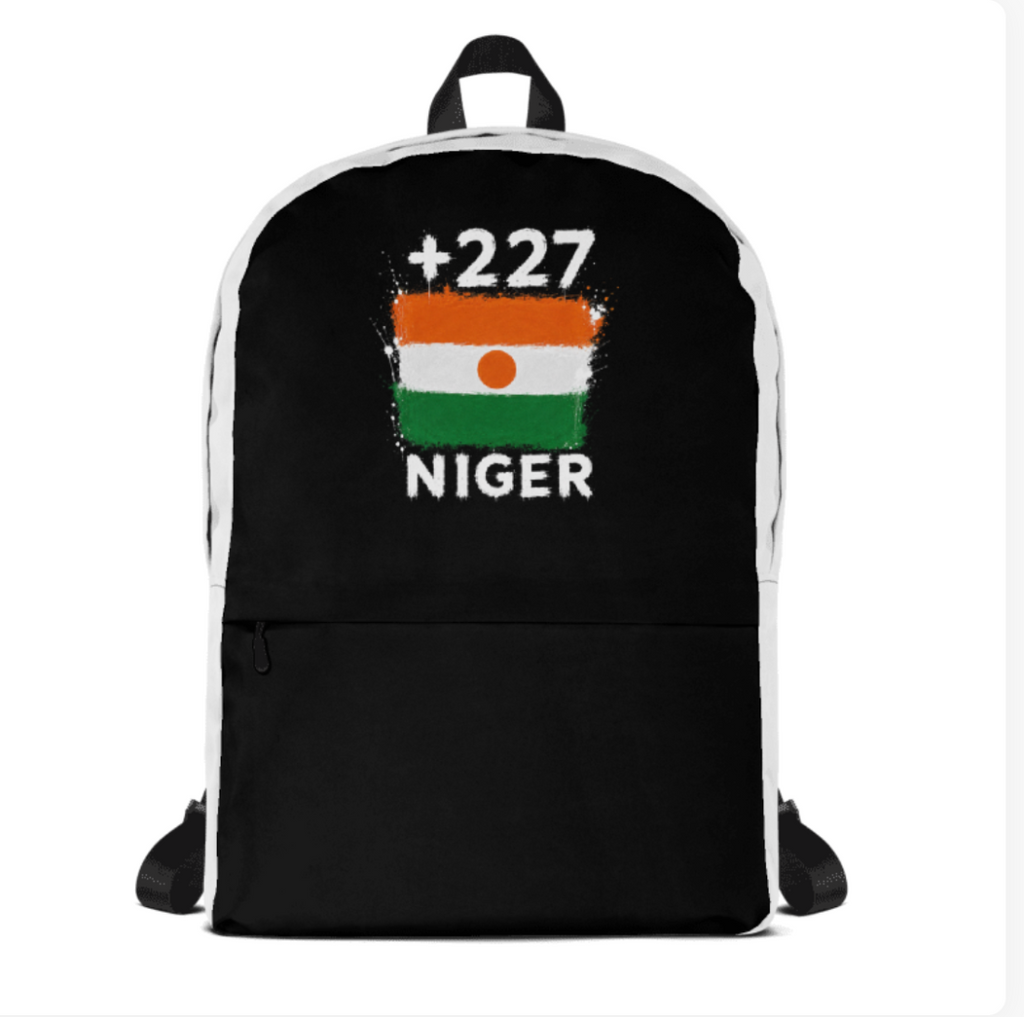 Sac à Dos Noir Niger +227 avec drapeau floqué effet éclaboussure de peinture - vue de face - Indicatif Fier