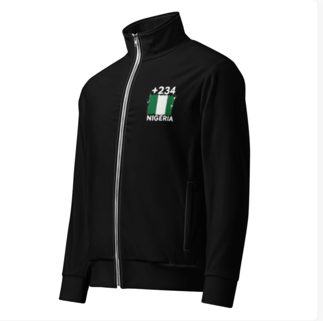 Survêtement Nigeria +234 - Noir avec drapeau floqué effet éclaboussure de peinture - vue de face - Indicatif Fier
