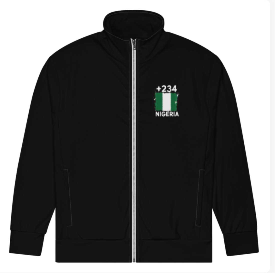 Survêtement Nigeria +234 - Noir avec drapeau floqué effet éclaboussure de peinture - vue de face - Indicatif Fier