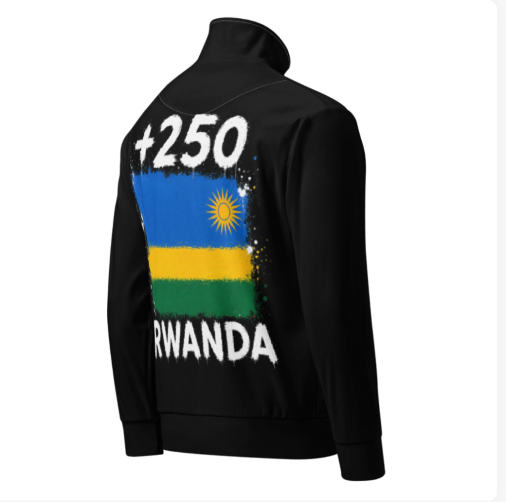 Survêtement Rwanda +250 - Noir avec drapeau floqué effet éclaboussure de peinture - vue de dos - Indicatif Fier