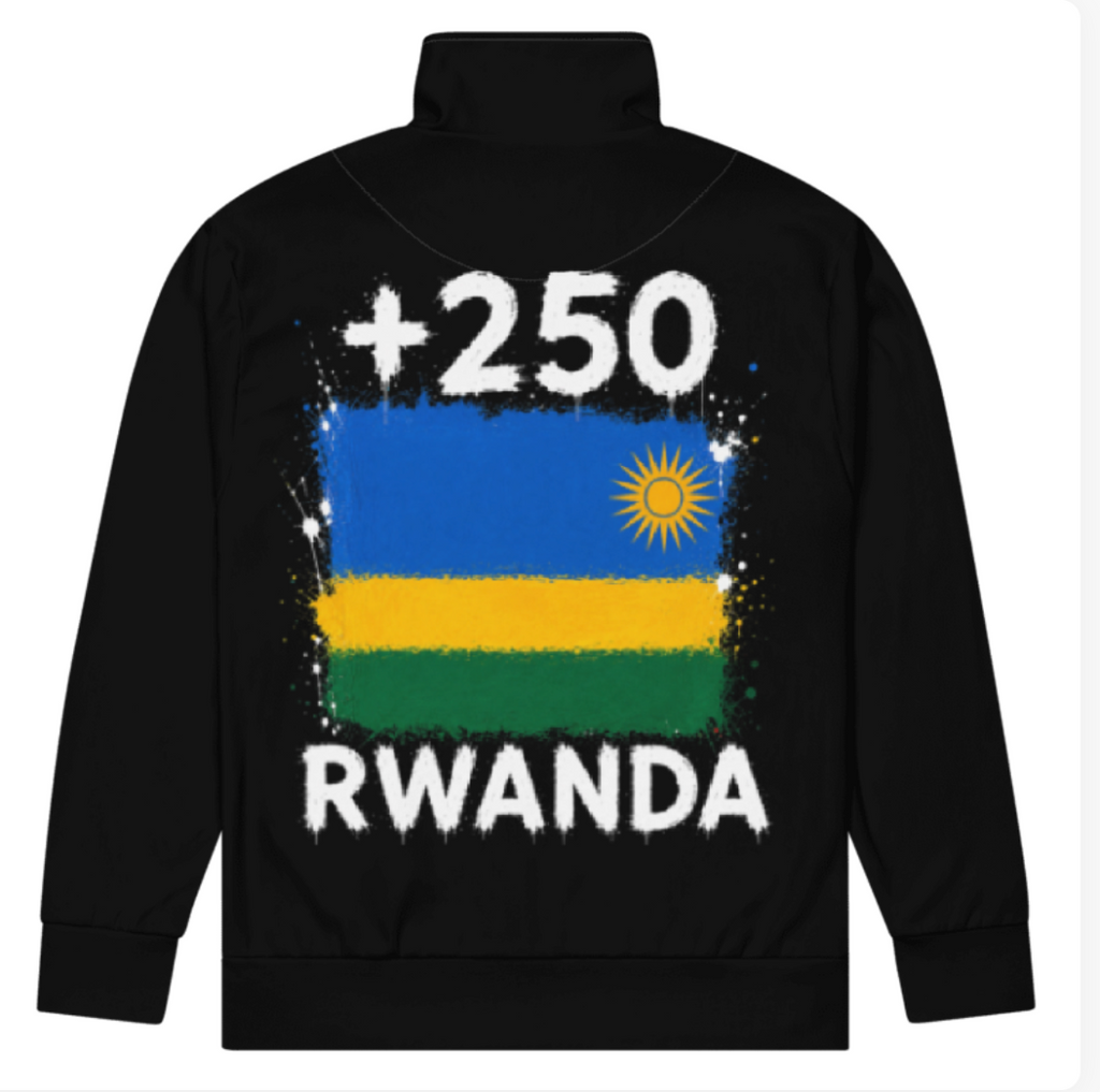 Survêtement Rwanda +250 - Noir avec drapeau floqué effet éclaboussure de peinture - vue de dos - Indicatif Fier