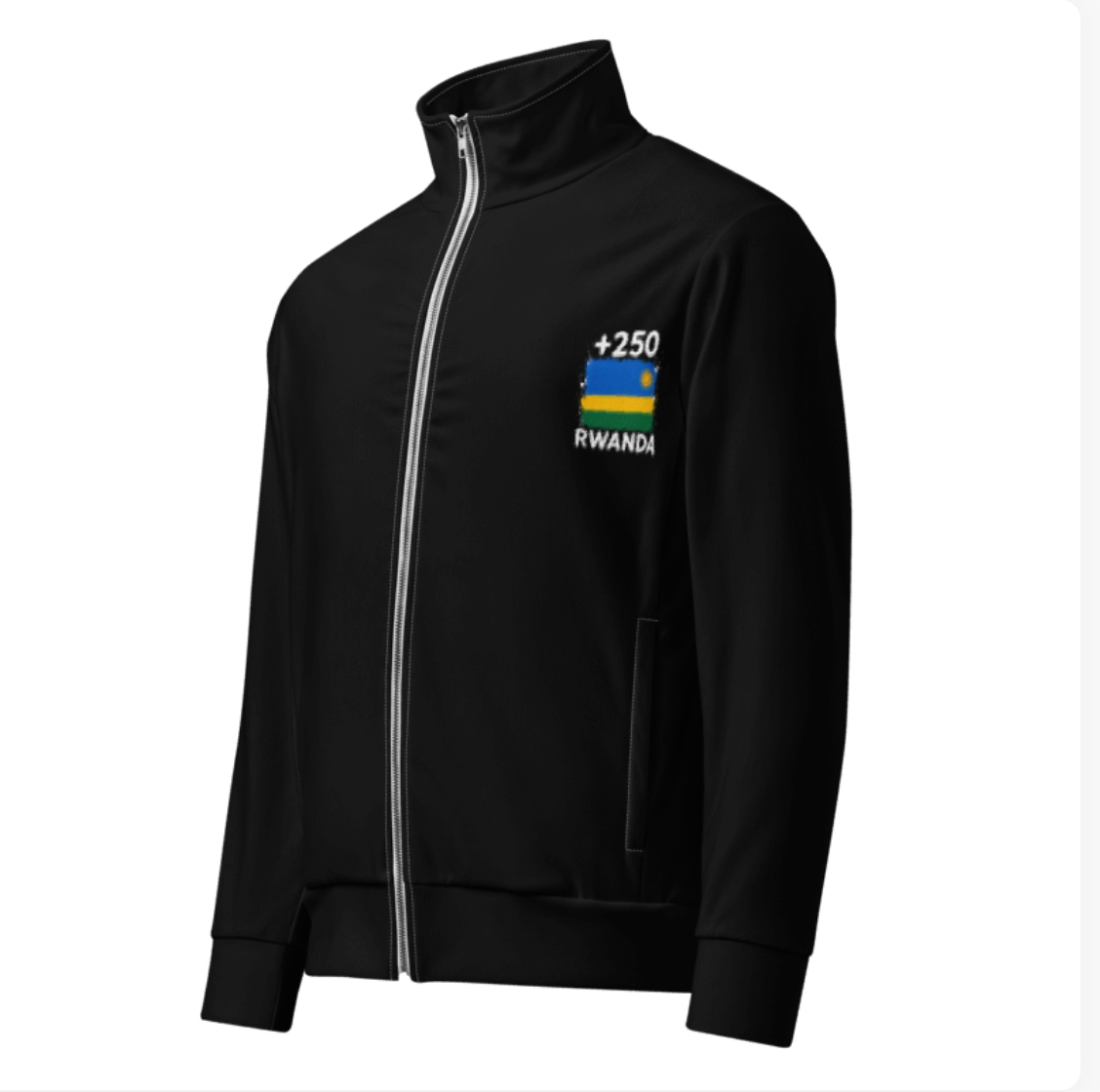 Survêtement Rwanda +250 - Noir avec drapeau floqué effet éclaboussure de peinture - vue de face - Indicatif Fier