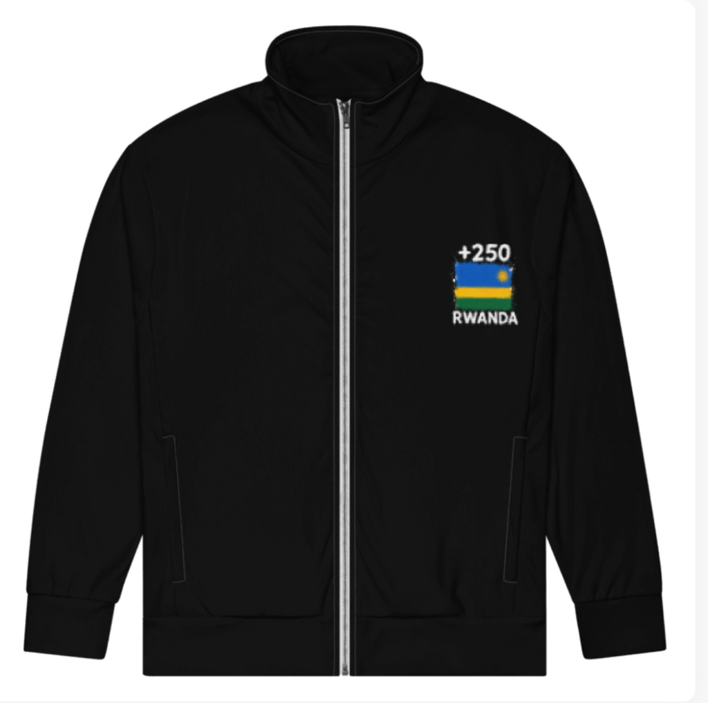 Survêtement Rwanda +250 - Noir avec drapeau floqué effet éclaboussure de peinture - vue de face - Indicatif Fier