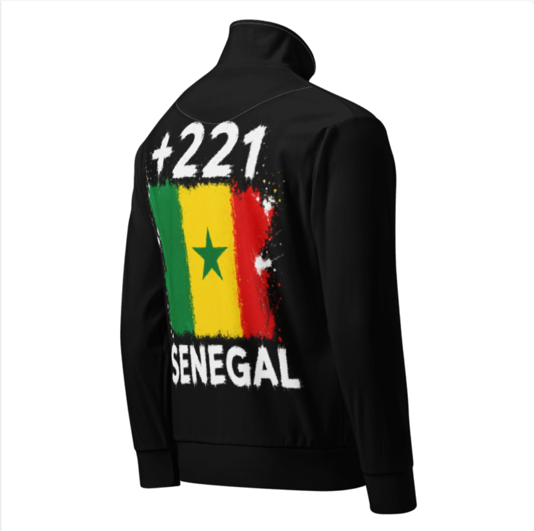 Survêtement Sénégal +221 - Noir avec drapeau floqué effet éclaboussure de peinture - vue de dos - Indicatif Fier