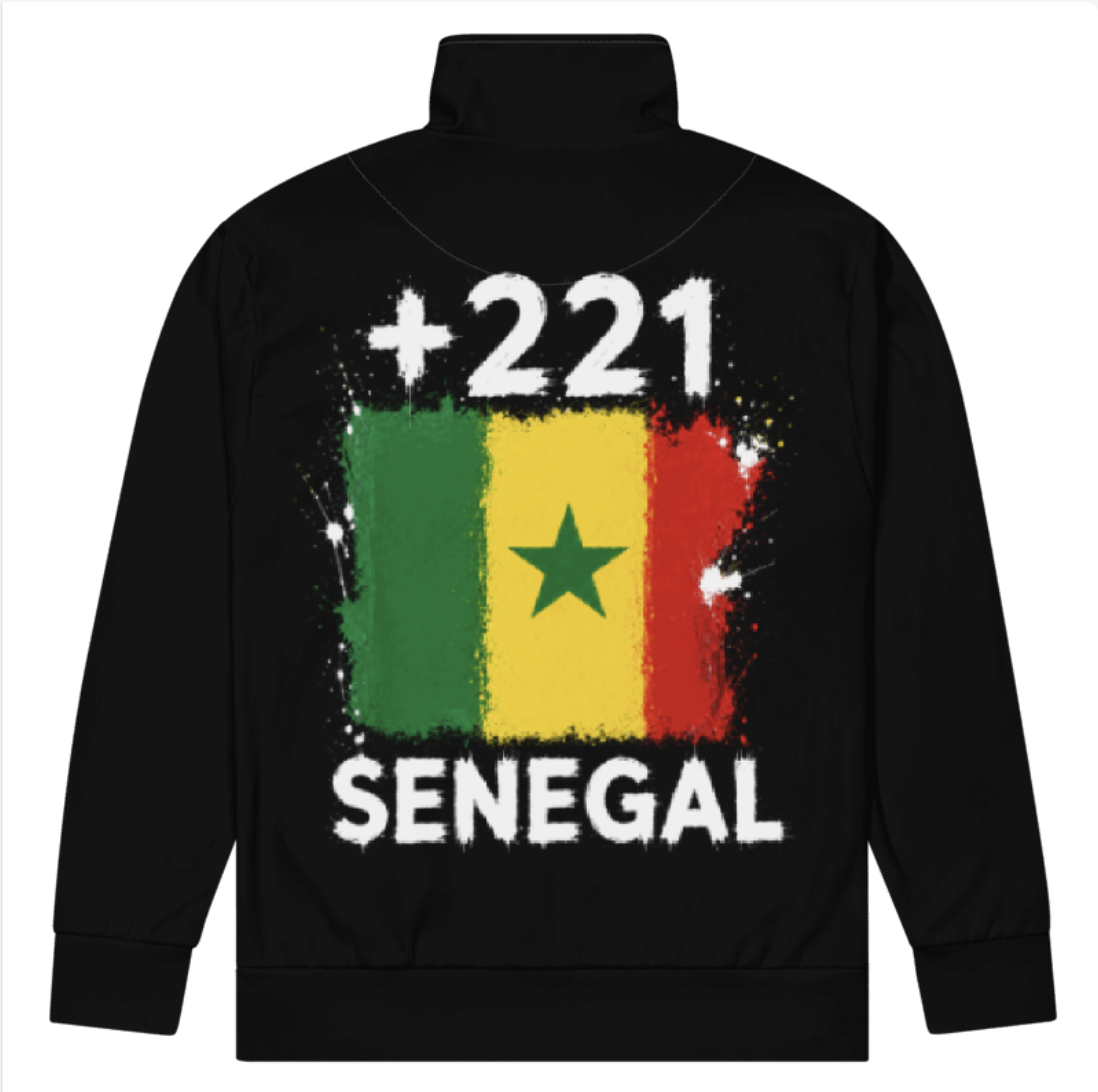 Survêtement Sénégal +221 - Noir avec drapeau floqué effet éclaboussure de peinture - vue de dos - Indicatif Fier
