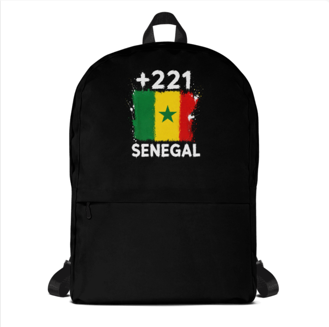Sac à Dos Sénégal +221 - Noir avec drapeau floqué effet éclaboussure de peinture - vue de face - Indicatif Fier