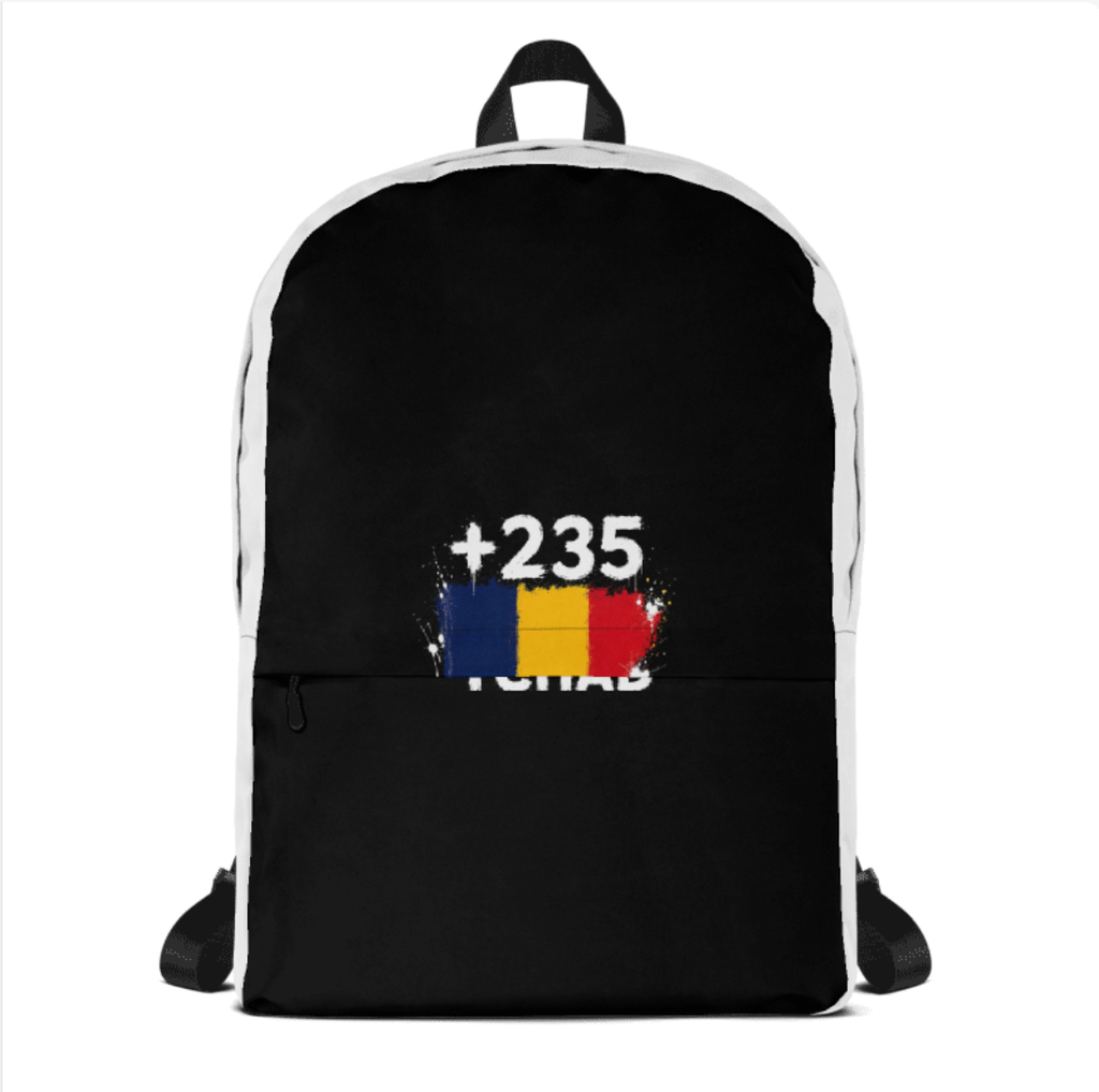Sac à Dos Tchad +235 avec drapeau floqué effet éclaboussure de peinture - vue de face - Indicatif Fier