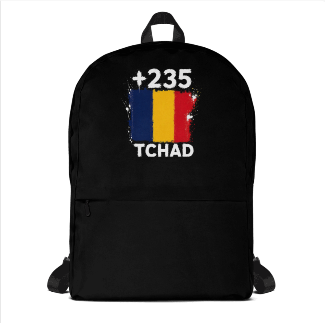 Sac à Dos Noir Tchad +235 avec drapeau floqué effet éclaboussure de peinture - vue de face - Indicatif Fier