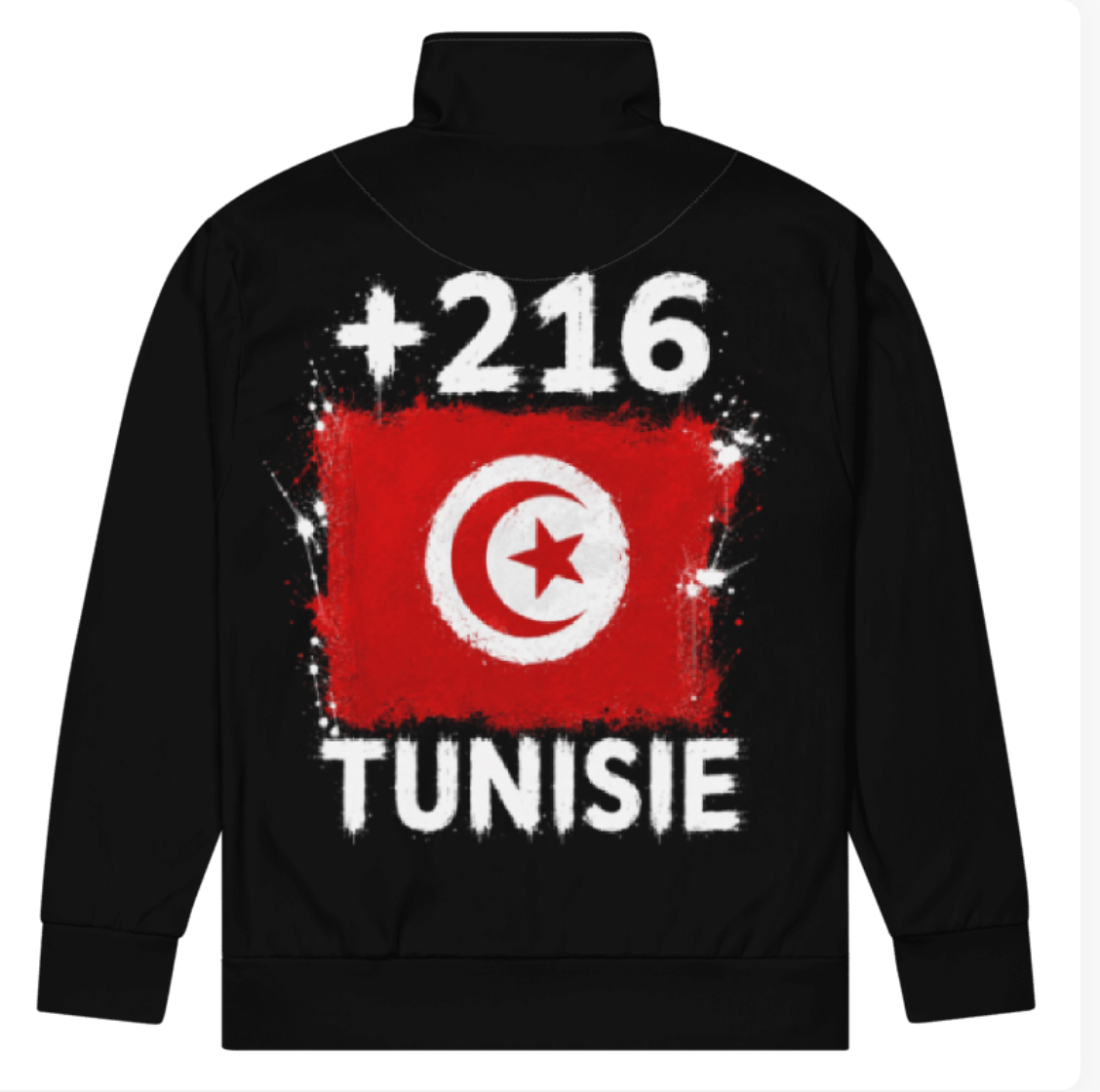 Survêtement Tunisie +216 avec drapeau floqué effet éclaboussure de peinture - vue de dos - Indicatif Fier