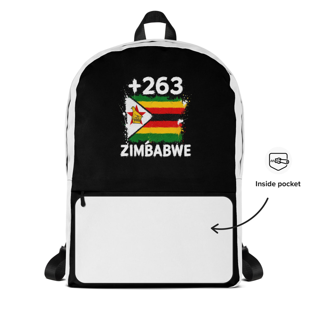 Sac à Dos Zimbabwe +263 - Bicolore avec drapeau floqué effet éclaboussure de peinture - vue détaillée - Indicatif Fier