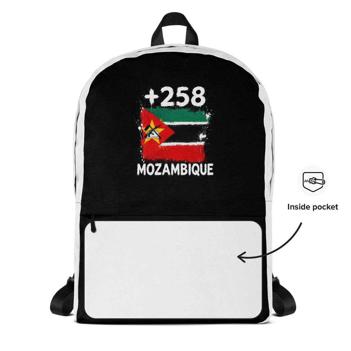 Sac à Dos Mozambique +258 - Bicolore avec drapeau floqué effet éclaboussure de peinture - vue détaillée - Indicatif Fier