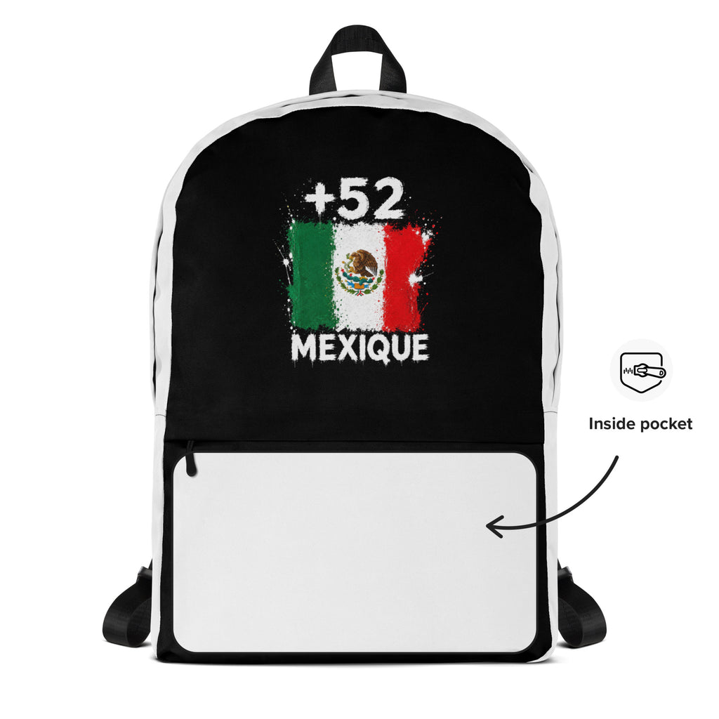 Sac à Dos Mexique +52 - Bicolore avec drapeau floqué effet éclaboussure de peinture - vue détaillée - Indicatif Fier
