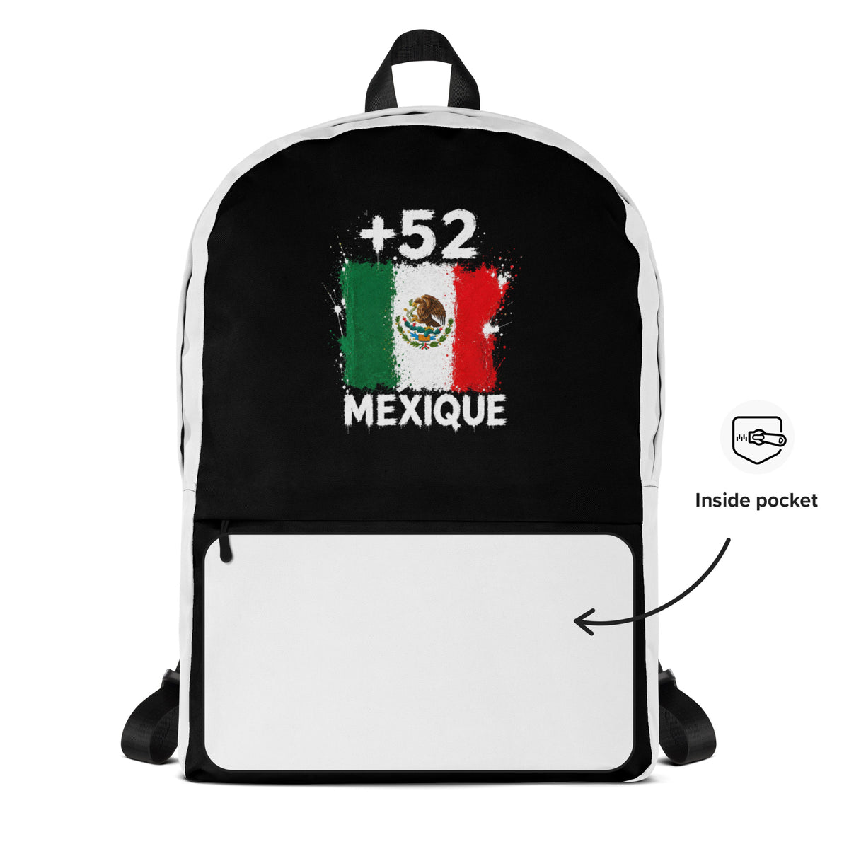Sac à Dos Mexique +52 - Bicolore avec drapeau floqué effet éclaboussure de peinture - vue détaillée - Indicatif Fier