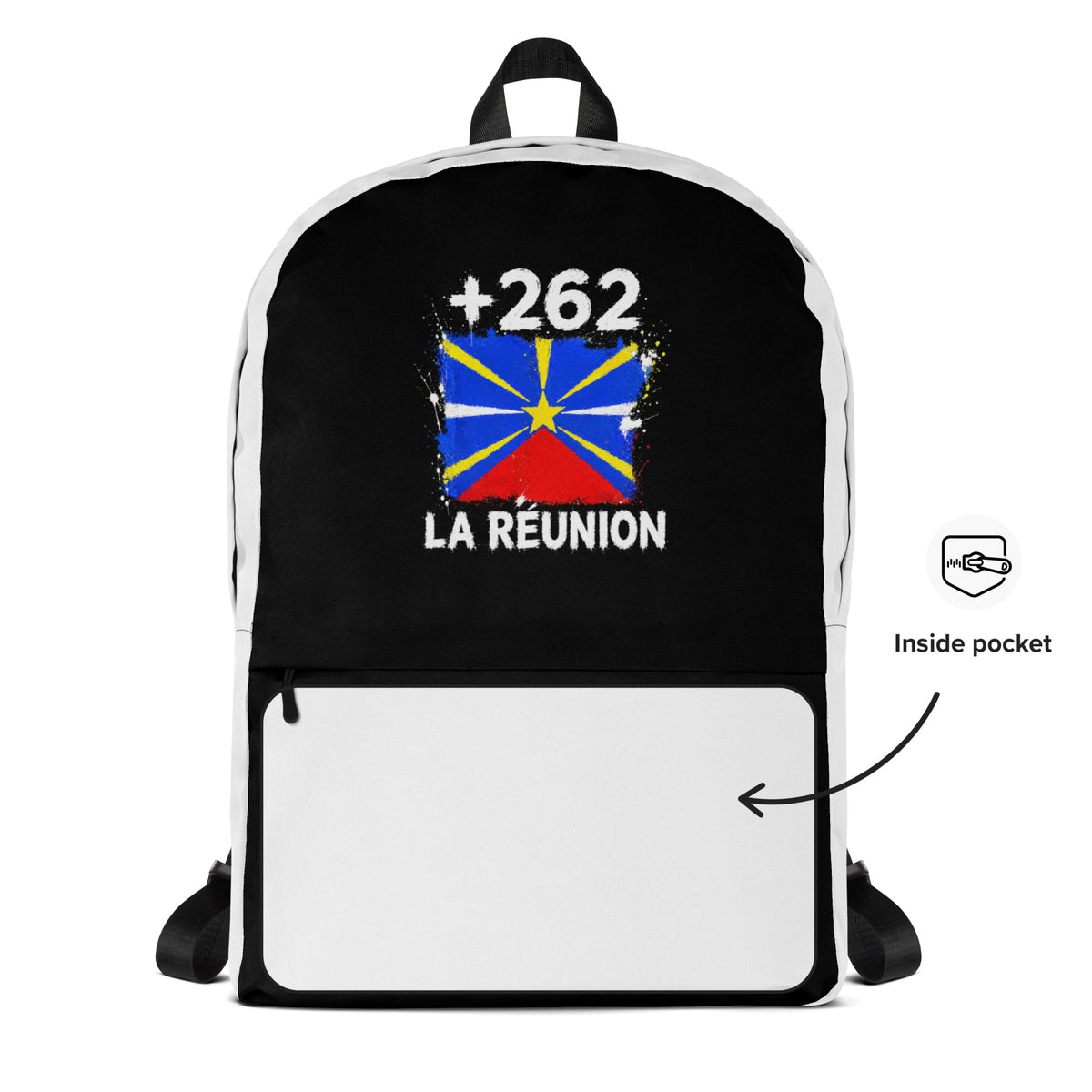 Sac à Dos La Réunion +262 - Bicolore avec drapeau floqué effet éclaboussure de peinture - vue détaillée - Indicatif Fier